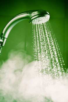 shower with water and steam, green tone