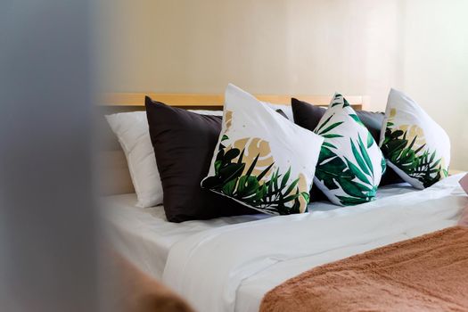Modern white bed and pillow in the morning mood,interior decoration