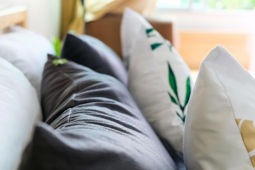 Modern white bed and pillow in the morning mood,interior decoration