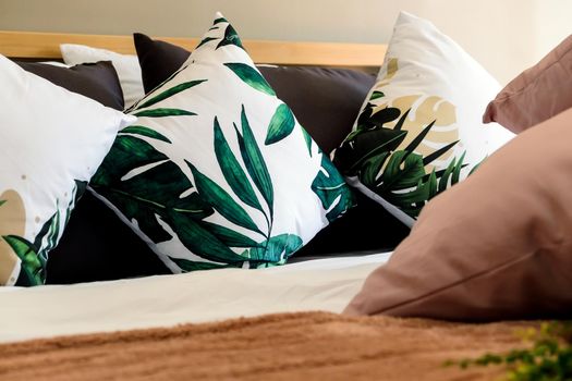 Modern white bed and pillow in the morning mood,interior decoration