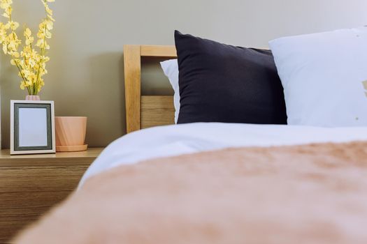 Modern white bed and pillow in the morning mood,interior decoration