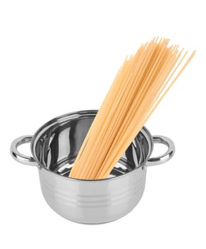 Spaghetti in a saucepan isolated on white background