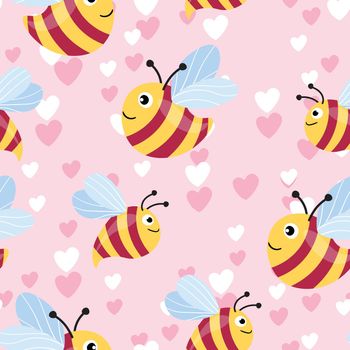 Seamless pattern with bees and hearts on color background. Small wasp. Vector illustration. Adorable cartoon character. Template design for invitation, cards, textile, fabric. Doodle style.