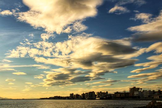 Colorful and Beautiful sky and sea at Sunset in Santa Pola, a small fishing village in southern Spain