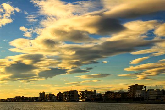 Colorful and Beautiful sky and sea at Sunset in Santa Pola, a small fishing village in southern Spain