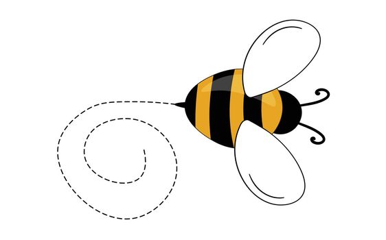 Cartoon bee mascot. A small bees flying on a dotted route. Wasp collection. Vector characters. Incest icon. Template design for invitation, cards. Doodle style.