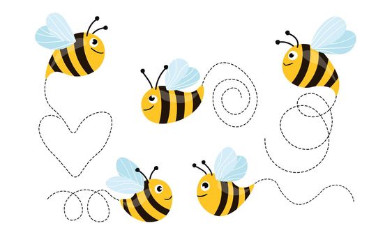 Set of cartoon bee mascot. A small bees flying on a dotted route. Wasp collection. Vector characters. Incest icon. Template design for invitation, cards. Doodle style.