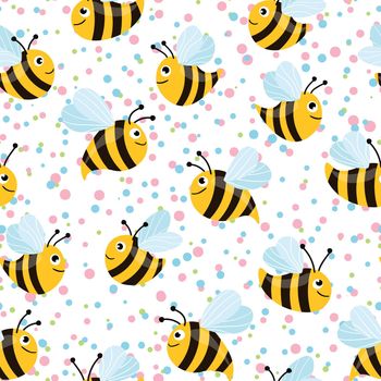 Seamless pattern with bees on white polka dots background. Small wasp. Vector illustration. Adorable cartoon character. Template design for invitation, cards, textile, fabric. Doodle style.