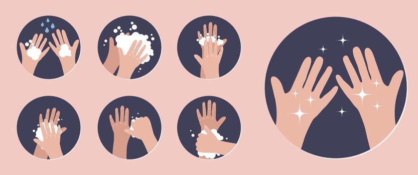 Wash your hands. Infographic steps how washing hands properly. Prevention against virus and infection. . Vector illustration.
