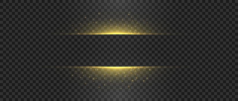 Golden lights and sparks. Gold flash sparkle. Horizontal vector glowing shapes.