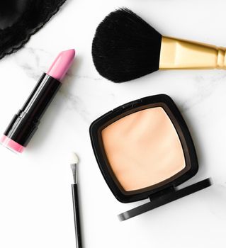 Make-up and cosmetics products on marble, flatlay background - modern feminine lifestyle, beauty blog and fashion inspiration concept