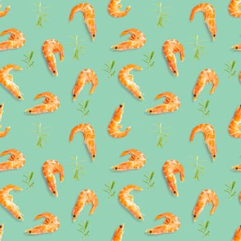 Seamless pattern made from Prawn isolated on a green background. Tiger shrimp. Seafood seamless pattern with shrimps. seafood pattern