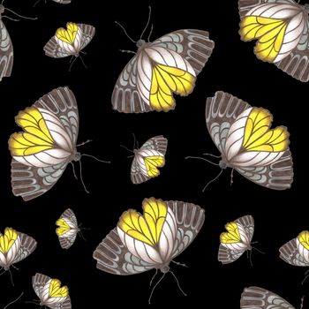 Hand-Drawn Seamless Pattern of Gray and Yellow Colored Butterflies of Various Sizes on Black Backdrop.