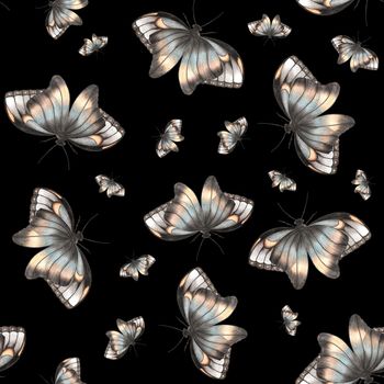 Hand-Drawn Seamless Pattern of Gray and Yellow Colored Butterflies of Various Sizes on Black Backdrop.