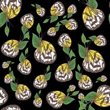 Hand-Drawn Seamless Pattern of Gray and Yellow Colored Butterflies of Various Sizes on Black Backdrop.