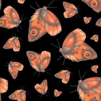 Hand-Drawn Seamless Pattern of Gray and Yellow Colored Butterflies of Various Sizes on Black Backdrop.