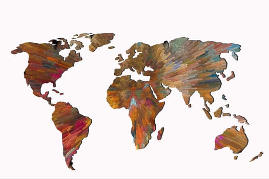 Roughly outlined world map with a colorful background patterns