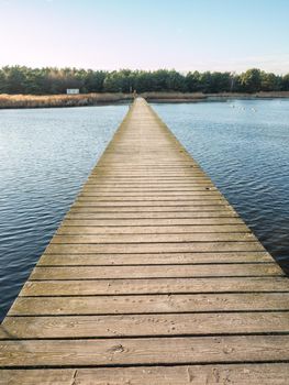 Natural and wooden walk pier over water. Natural park at the Darer forest at the Baltic Sea coast - Dar, Germany 