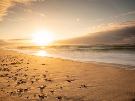 Tropical beach at sunset, small stones and shells in beach sand make long shadows