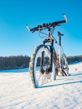 Liberec, Czechia. 18th of january 2017. Mountain bike in snow. Lost path in deep snowdrift. Snow flakes melting on dark off road tyre. Winter weather in the field.