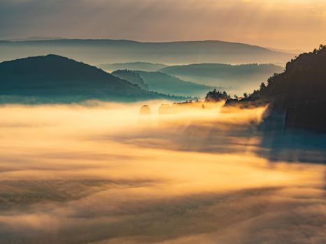 Long deep valley full of orange fall mist and Blossstock rocky pass at  horizon. Autumn morning view. Sachsische Schweiz park