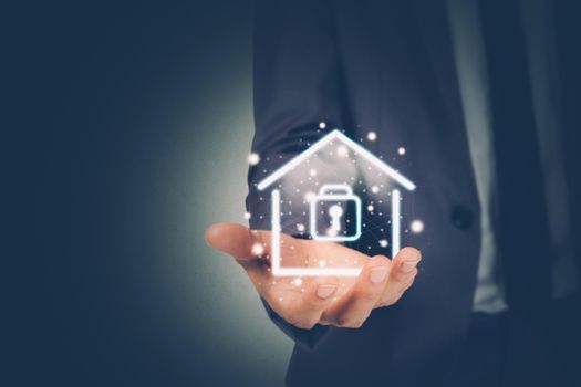 Security system with home for protection family, secure and access digital for residential, property and real estate with safe assurance, sign virtual lock for privacy about house, business concept.