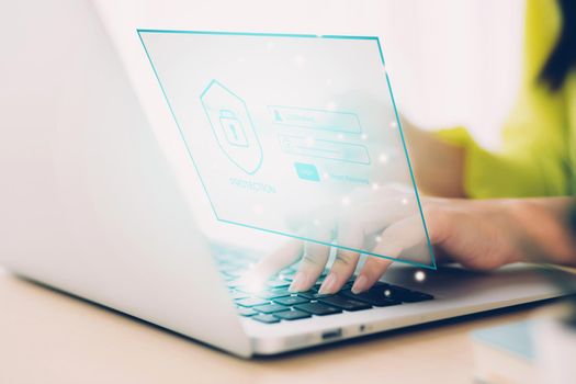 Digital network and cyber security for safe and privacy about data, businesswoman using laptop computer while display futuristic virtual lock login for protection crime and hacker, business concept.