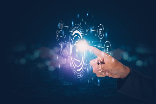 Finger of businessman pushing virtual lock icon while cyber security, access data and privacy with protection digital, innovation of system protect for identity, business futuristic concept.
