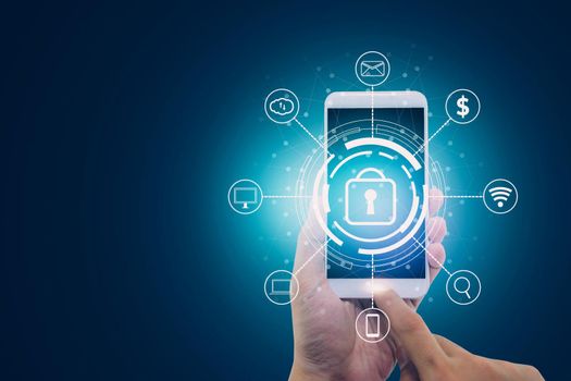 Hand of businessman holding smart phone while cyber security with access, data and privacy with protection digital with smartphone, innovation of system protect, business futuristic concept.