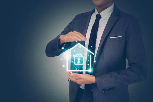 Security system with home for protection family, secure and access digital for residential, property and real estate with safe assurance, sign virtual lock for privacy about house, business concept.
