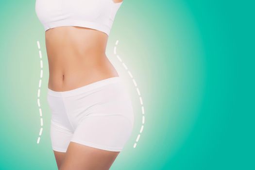 Beautiful sexy body woman with lines and curve with weight loss, skin of waist and cellulite, diet for health, shape body and belly wellness, beauty and healthy care, bodeycare and lifestyles concept.