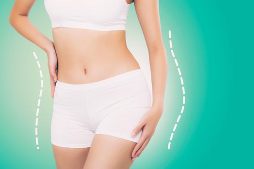 Beautiful sexy body woman with lines and curve with weight loss, skin of waist and cellulite, diet for health, shape body and belly wellness, beauty and healthy care, bodeycare and lifestyles concept.