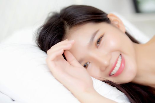 Beautiful portrait young asian woman sexy in underwear figure fit relax with seductive in bedroom, asia girl body slim in lingerie confident and happy lying on bed in bedchamber, lifestyle concept.
