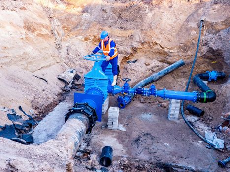 Replacement of water pipes networks.  Waterworks main pipeline for the supply of drinking water to the desert city.