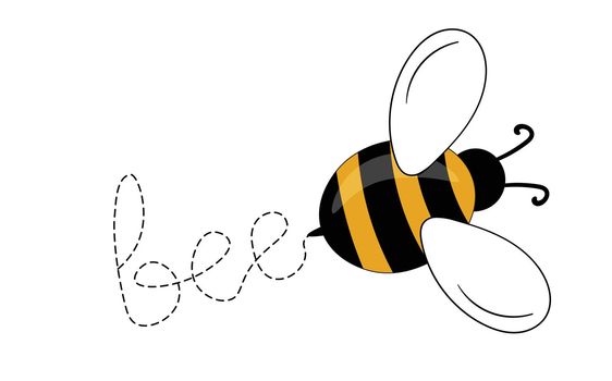 Cartoon bee mascot. A small bees flying on a dotted route. Wasp collection. Vector characters. Incest icon. Template design for invitation, cards. Doodle style.