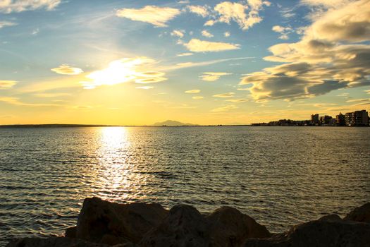 Colorful and Beautiful sky and sea at Sunset in Santa Pola, a small fishing village in southern Spain