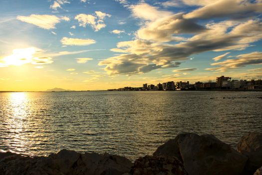 Colorful and Beautiful sky and sea at Sunset in Santa Pola, a small fishing village in southern Spain