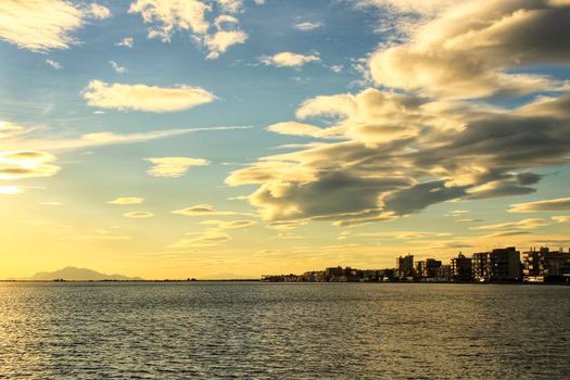 Colorful and Beautiful sky and sea at Sunset in Santa Pola, a small fishing village in southern Spain