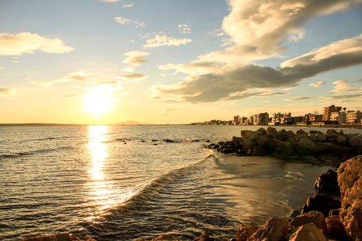 Colorful and Beautiful sky and sea at Sunset in Santa Pola, a small fishing village in southern Spain