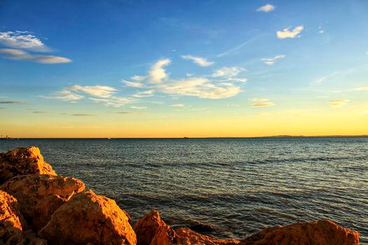 Colorful and Beautiful sky and sea at Sunset in Santa Pola, a small fishing village in southern Spain