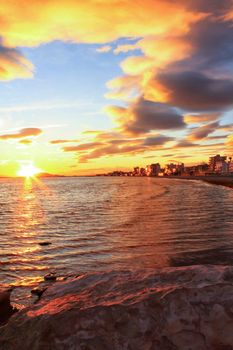 Colorful and Beautiful sky and sea at Sunset in Santa Pola, a small fishing village in southern Spain