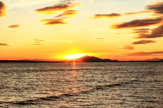 Colorful and Beautiful sky and sea at Sunset in Santa Pola, a small fishing village in southern Spain