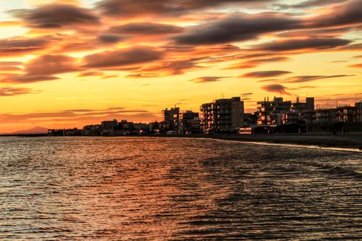 Colorful and Beautiful sky and sea at Sunset in Santa Pola, a small fishing village in southern Spain