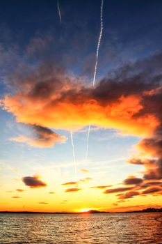 Colorful and Beautiful sky and sea at Sunset in Santa Pola, a small fishing village in southern Spain