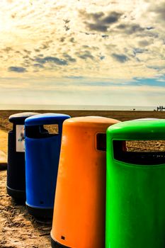 Colorful Recycling bins on the beach in Santa Pola, Alicante