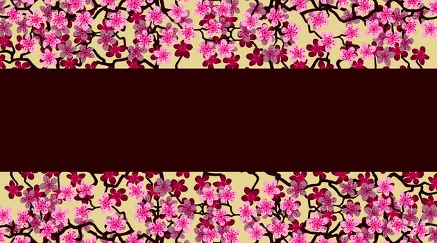 Floral greeting banner with beautiful pink blossom flowers branch Sakura.Burgundy colors Background with copy space text on Cherry Twig In Bloom. Postcard good for wedding invitation,Mother, Women day