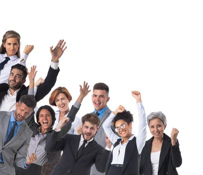 Large and very happy business group of people with arms raised isolated over a white background corner design element