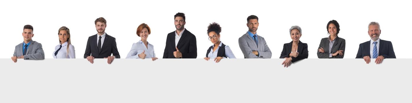 Group of business people holding blank banner ad isolated on white background copy space for text