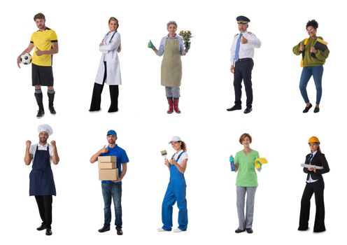 Full length portrait of group of people representing diverse professions of business, medicine, construction industry