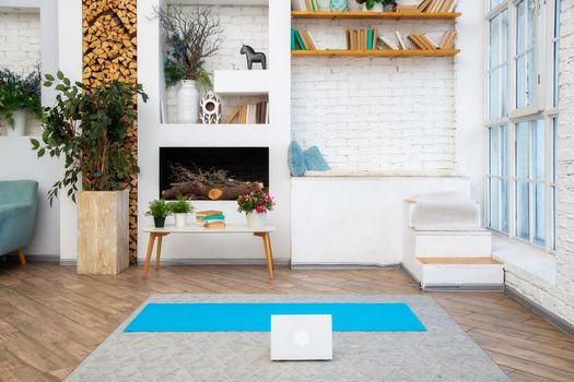 Laptop is on the floor in a bright Scandinavian-style living room with white coffee table with potted plants and books on it